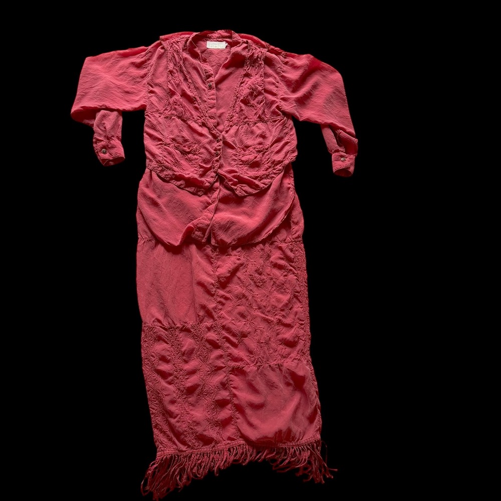 Vintage Cache 2 Piece Skirt Set Pink Rayon Embroidered Fringe Boho Western Small